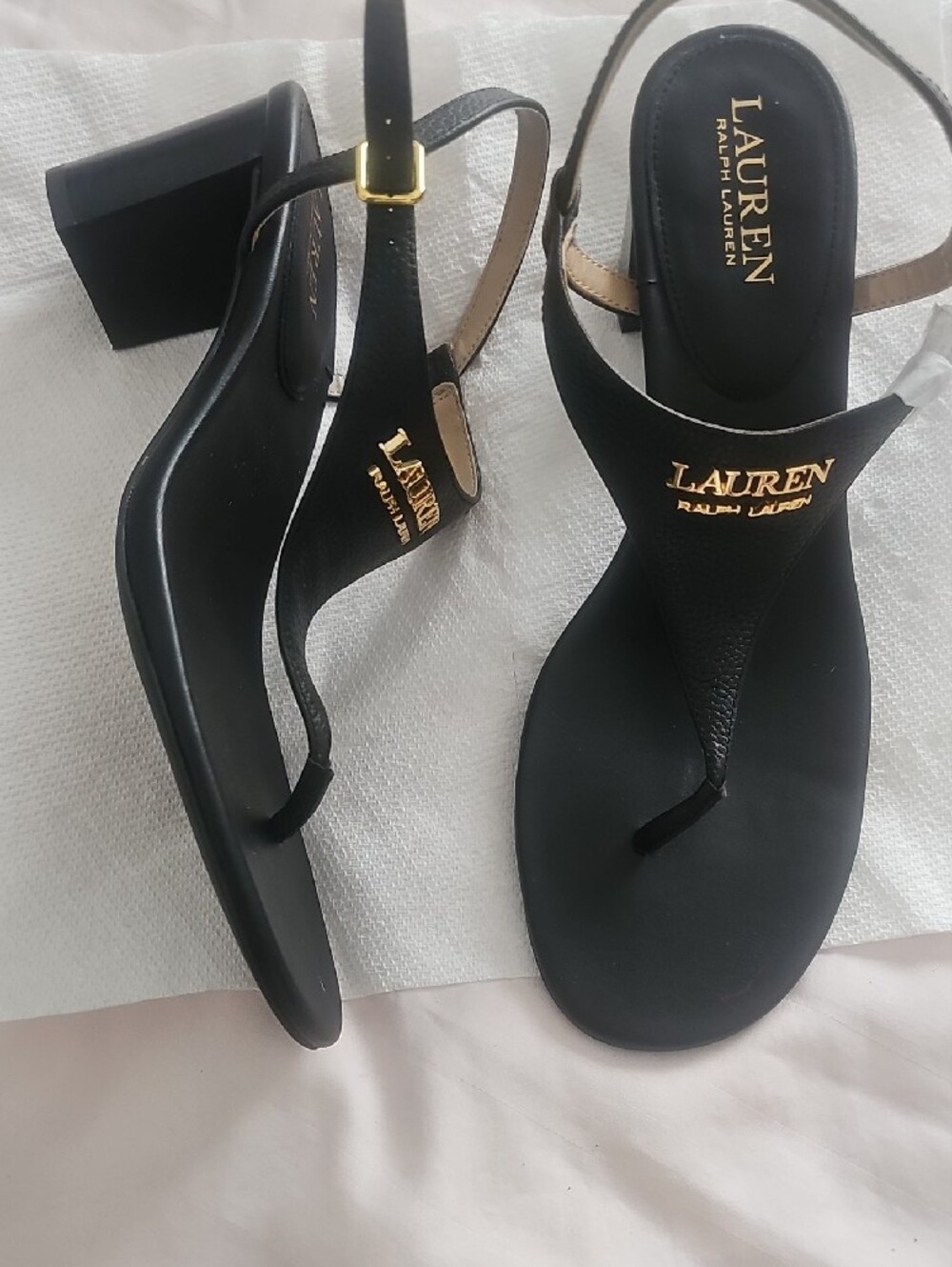 Lauren Ralph Lauren Black Thong Sandals with Gold Logo Accent - Picture 5 of 5